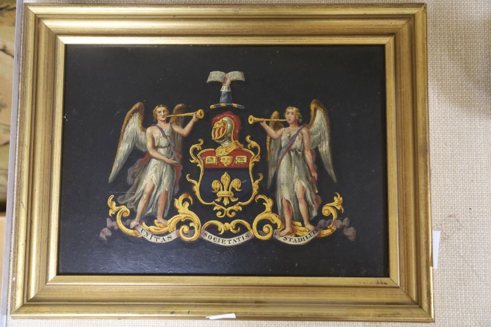 A painted coat of arms Vaitas Societatis Stabilit....